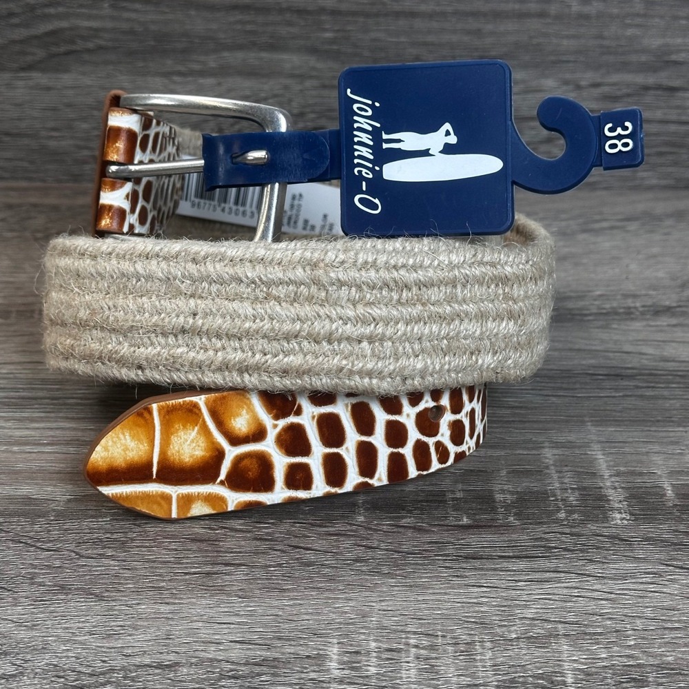 Johnnie-O Crocco Tip Belt Mens 38 Tan Braided Leather Coastal Preppy NEW $128